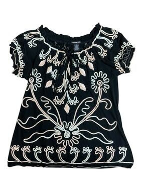 Lauren Michelle Women’s Boho Embroidered Top - Size L - Black/Cream Floral